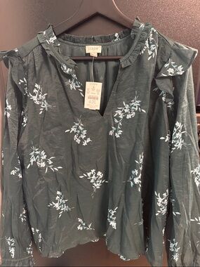 J. Crew Dark Green Floral Ruffle Top